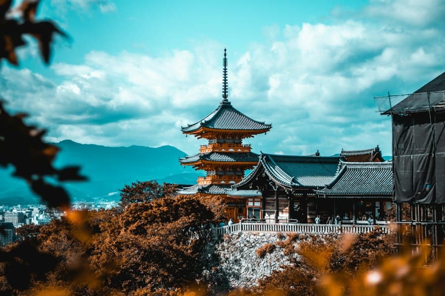 A five-story pagoda above Kyoto in autumn