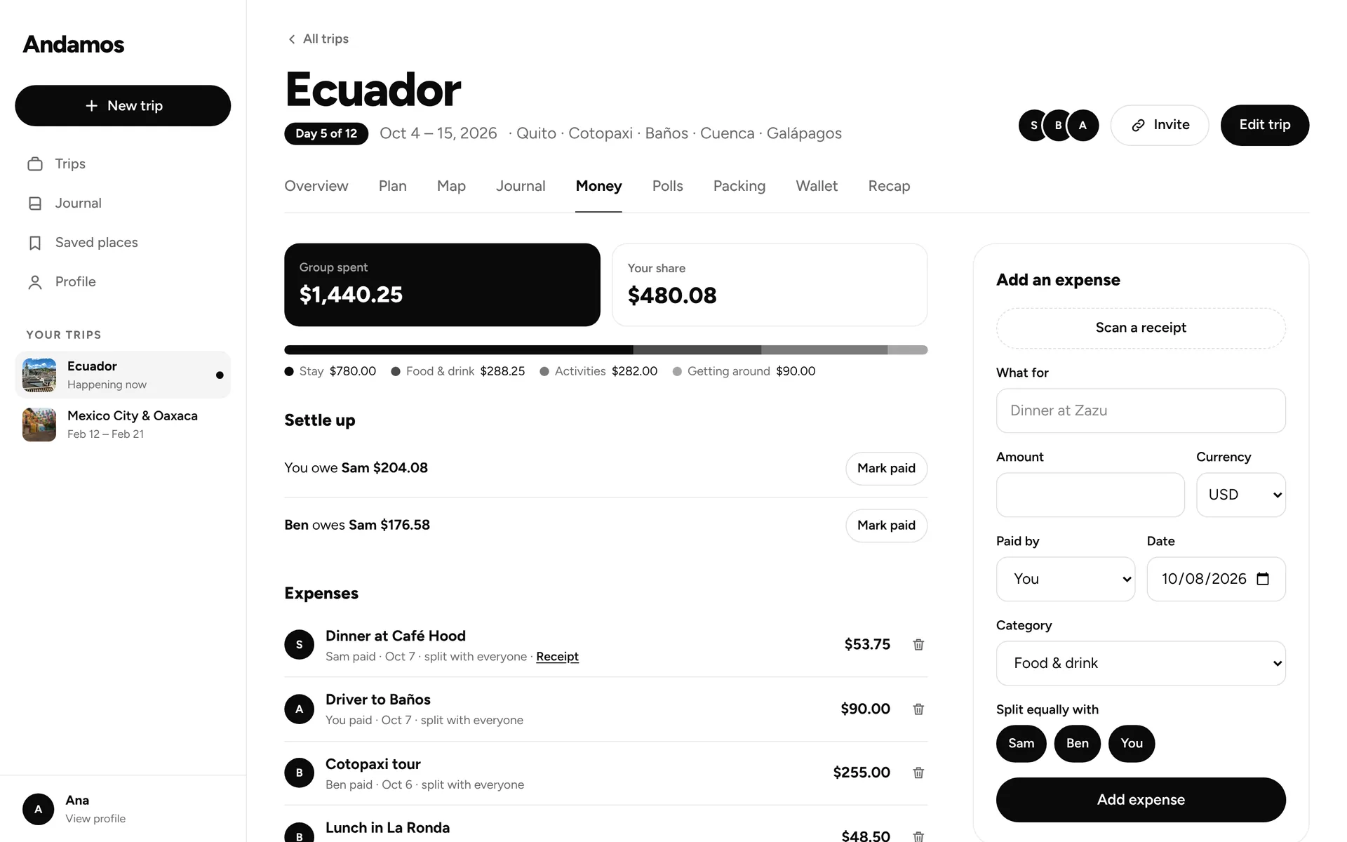 Expenses and the add form on desktop