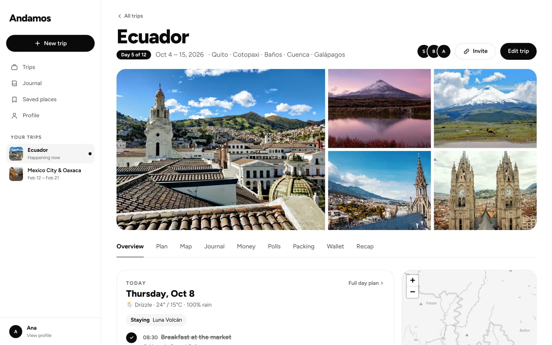 Trip overview with a photo mosaic and today’s plan on desktop