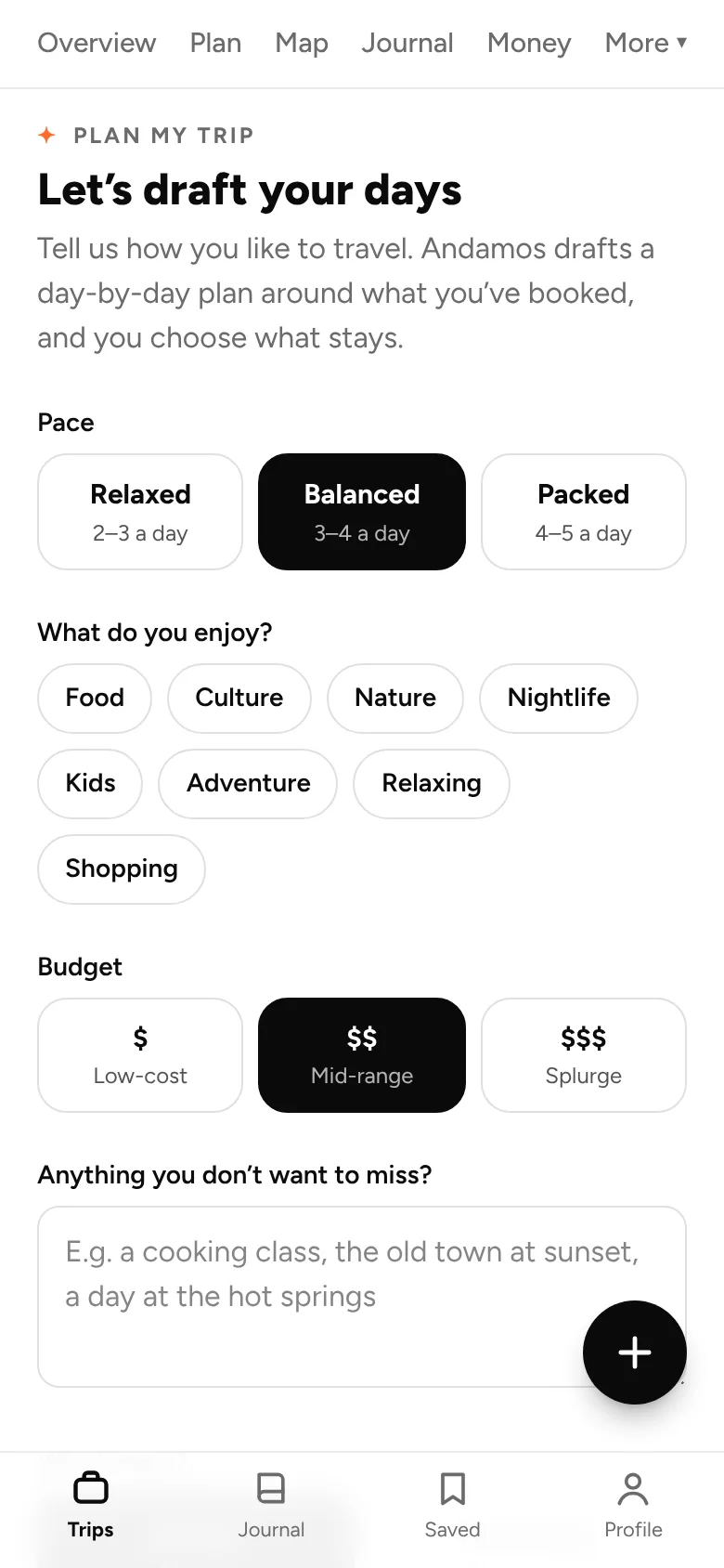 Plan my trip: choosing pace, interests and budget for an AI-drafted plan