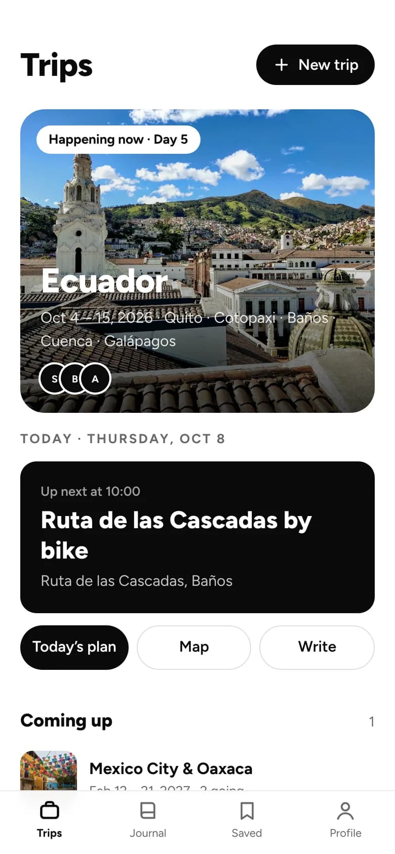 The Andamos home screen with a trip happening now