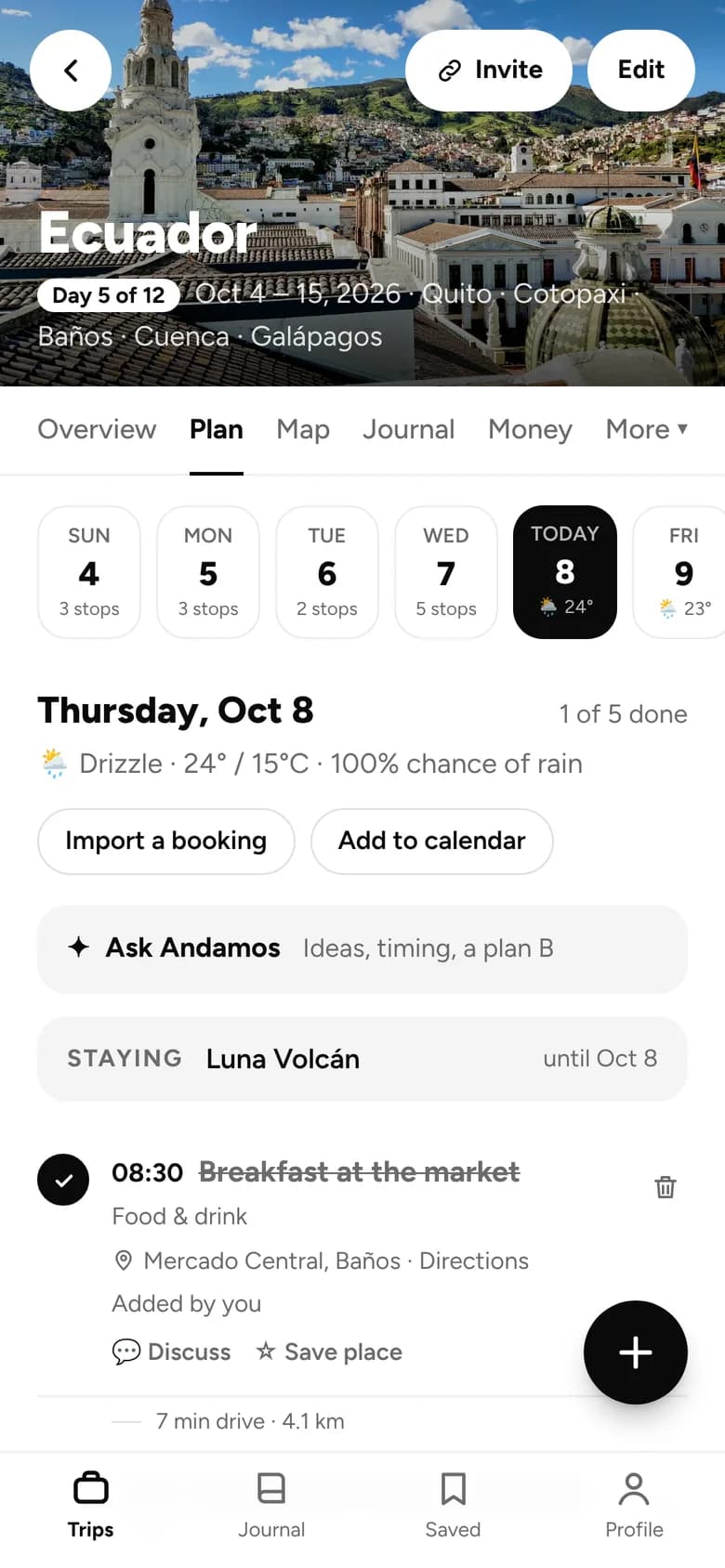 A day in the Andamos plan with weather and stops