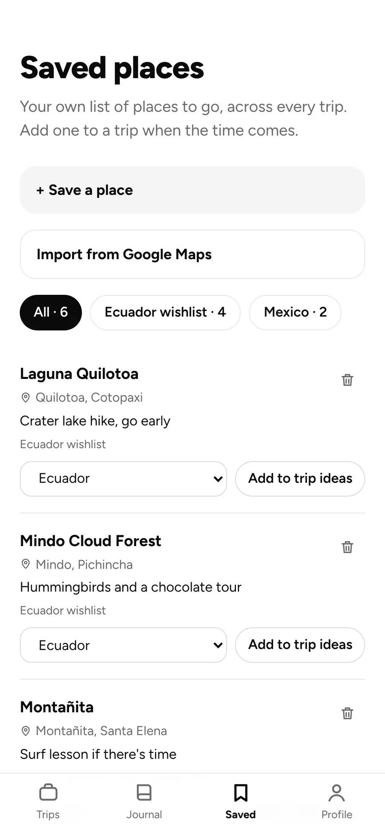 Saved places organized in lists