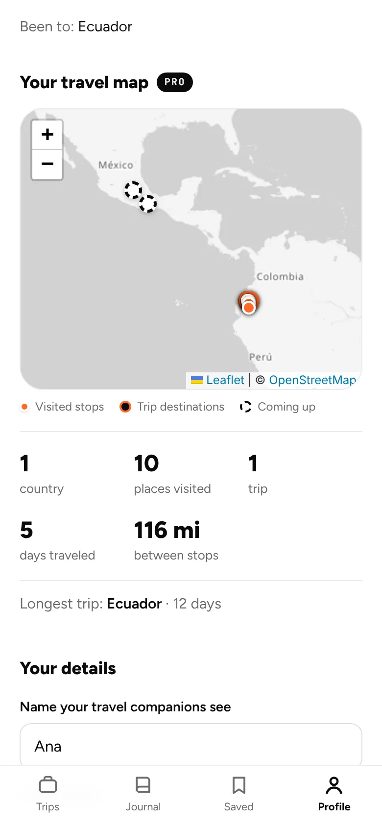 Your travel map with countries, places and distance