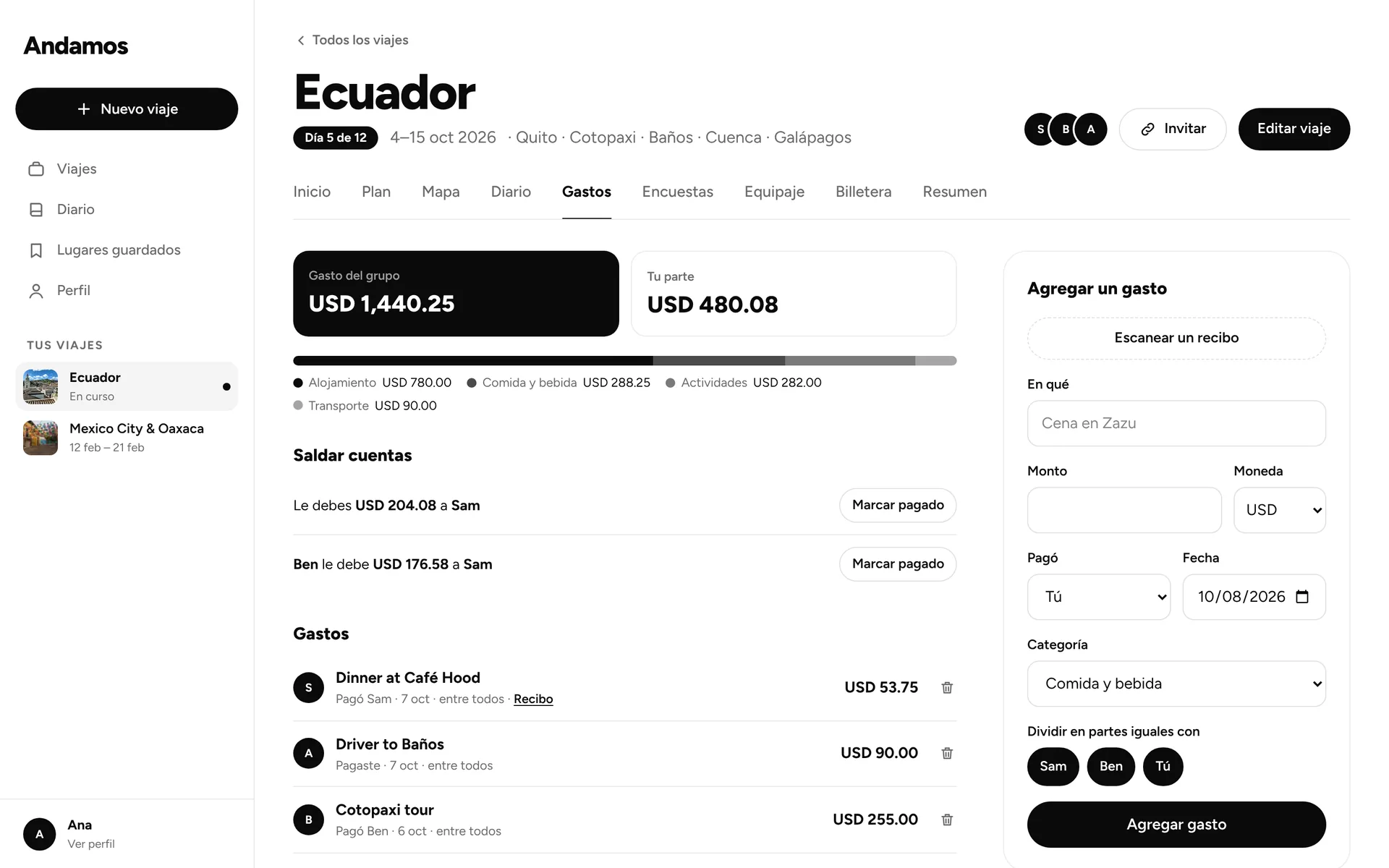 Gastos y el formulario para agregar en la computadora