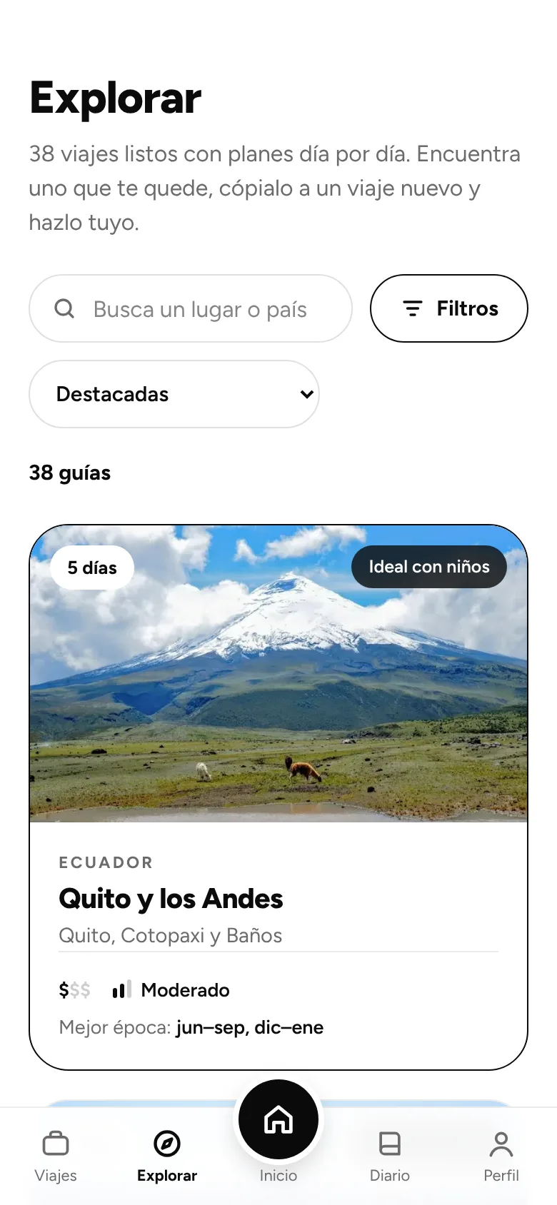 Explorar en la app de Andamos: guías de viaje con filtros