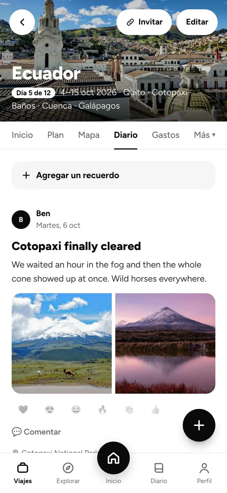 Una entrada del diario compartido con fotos y reacciones