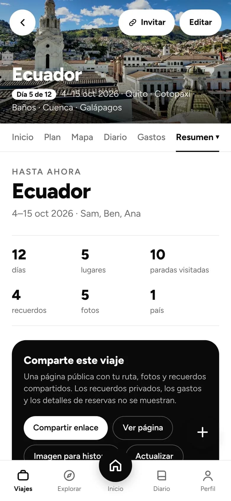 Datos del resumen del viaje con el panel para compartir