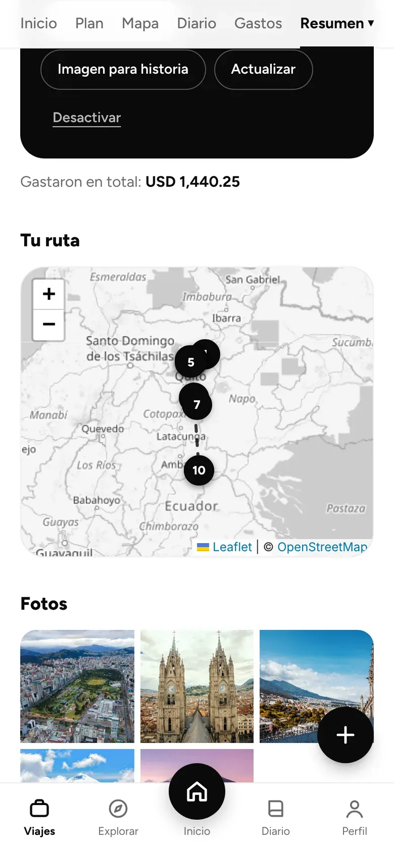 Resumen del viaje con la ruta en el mapa y fotos