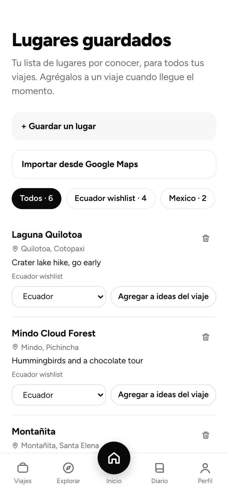 Lugares guardados organizados en listas