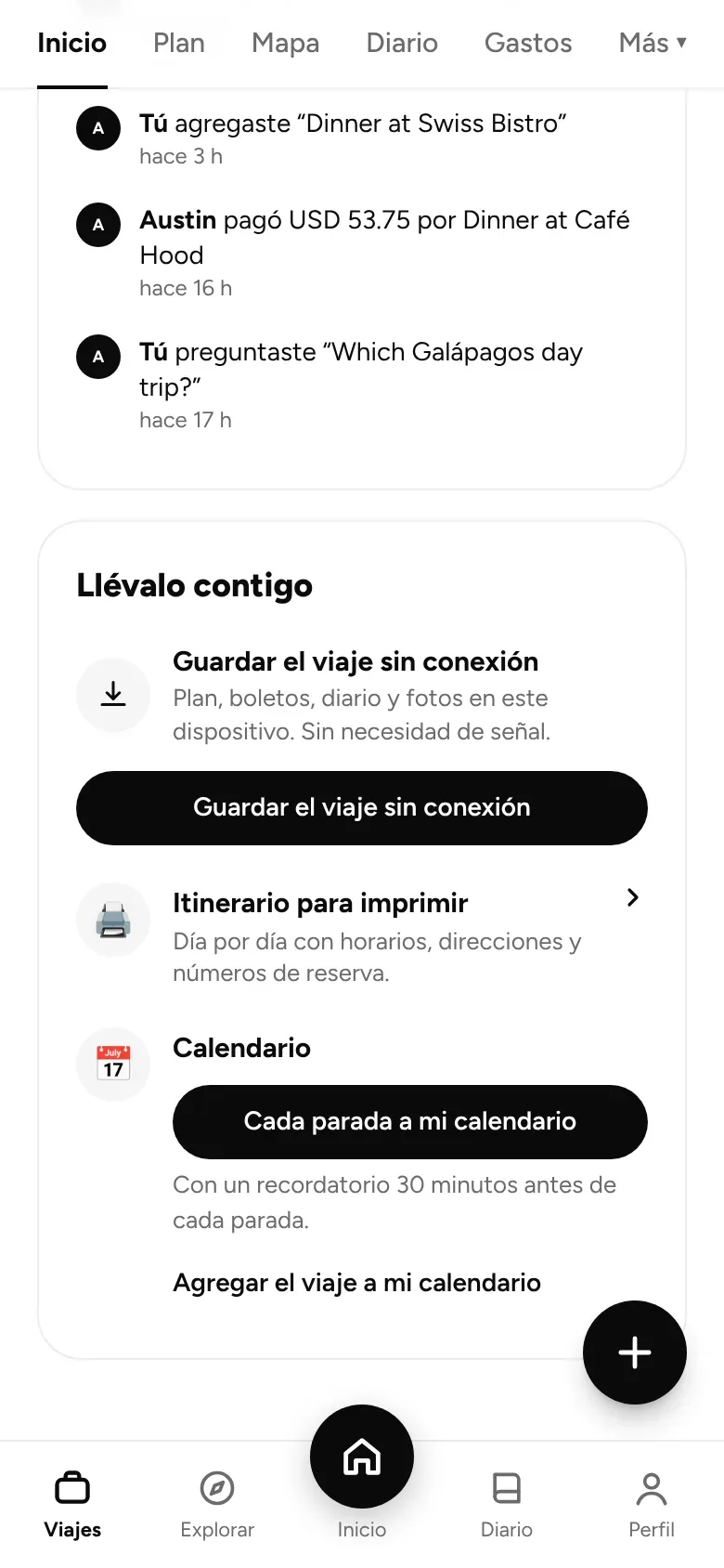 Guarda el viaje sin conexión, imprímelo o agrega cada parada a tu calendario